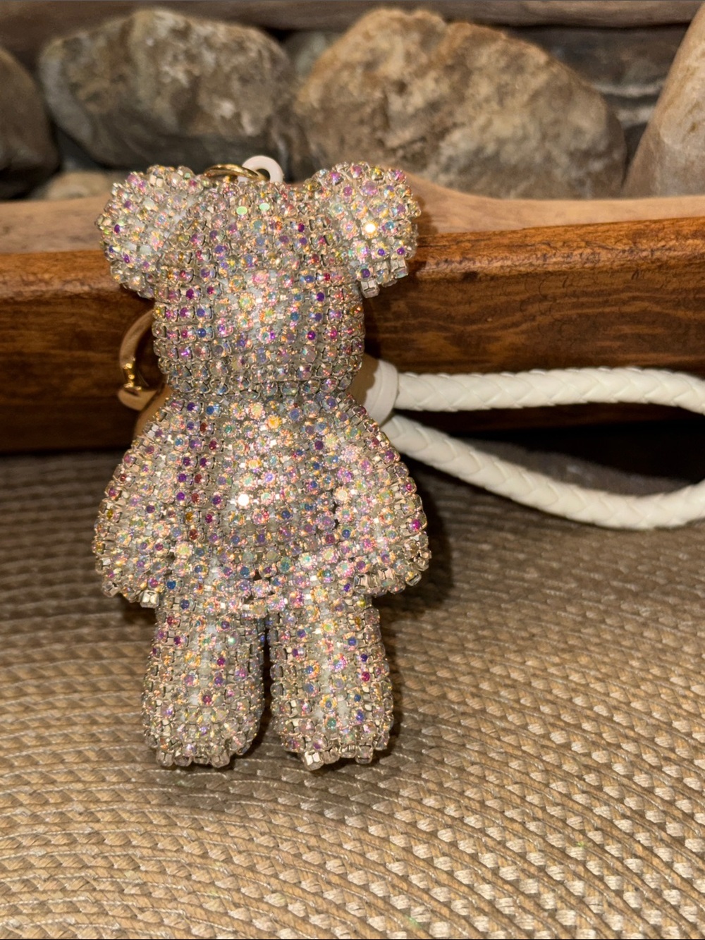 Sparkling Crystal Teddy Bear Keychain - Ivory - Picture 4 of 4